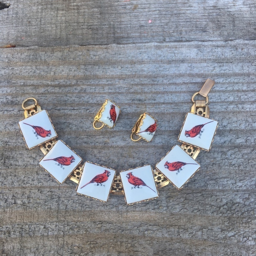 Vintage Cardinal Bracelet and Clip Earrings Set